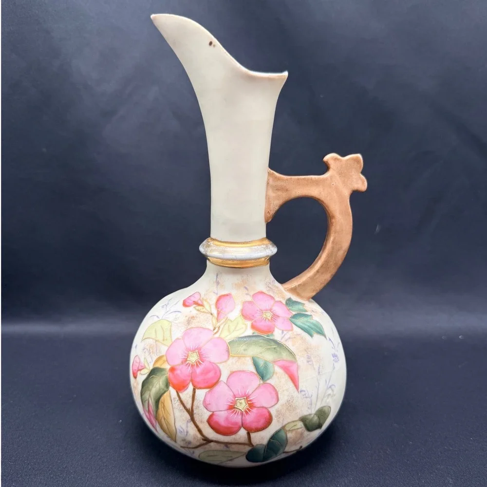 Antique Hand Painted Floral Ceramic Pitcher Vase Pink Flowers Gold Trim 8.5